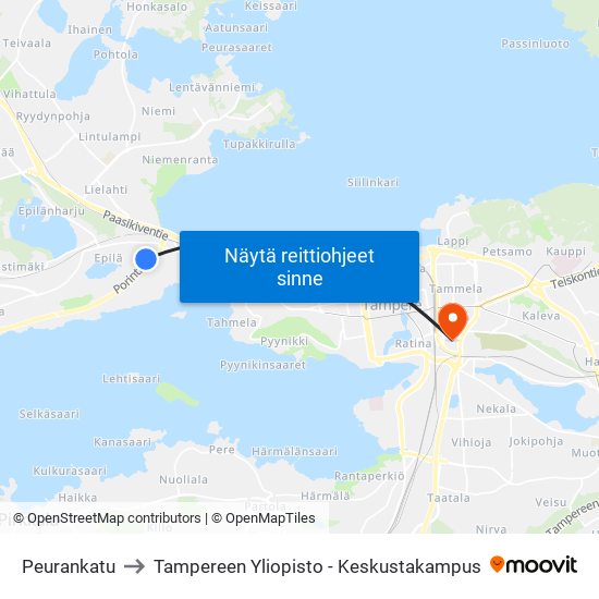 Peurankatu to Tampereen Yliopisto - Keskustakampus map