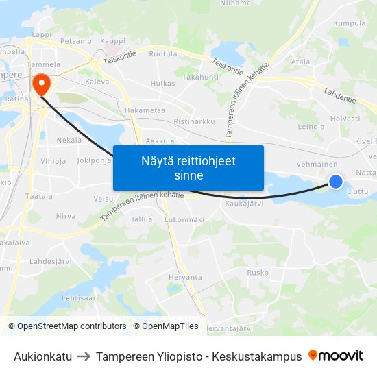 Aukionkatu to Tampereen Yliopisto - Keskustakampus map