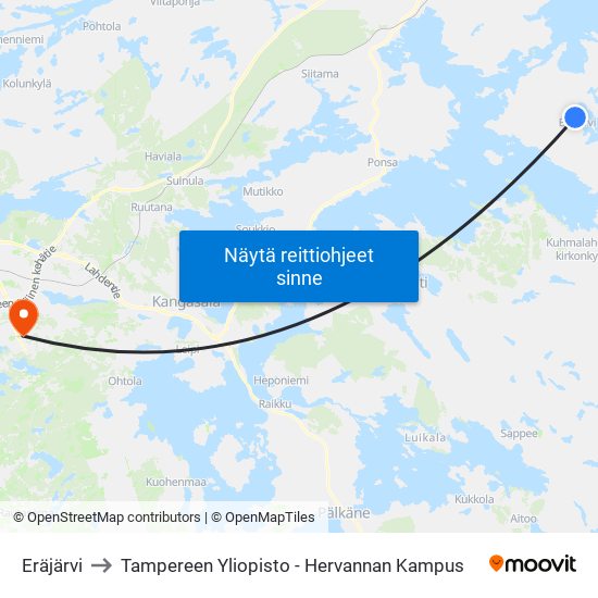 Eräjärvi to Tampereen Yliopisto - Hervannan Kampus map