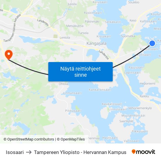 Isosaari to Tampereen Yliopisto - Hervannan Kampus map