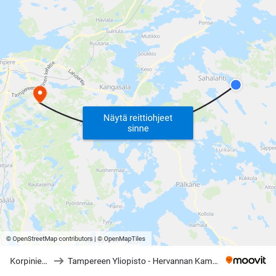 Korpiniemi to Tampereen Yliopisto - Hervannan Kampus map