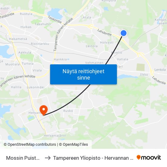 Mossin Puistokatu to Tampereen Yliopisto - Hervannan Kampus map