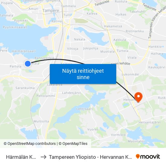 Härmälän Koulu to Tampereen Yliopisto - Hervannan Kampus map