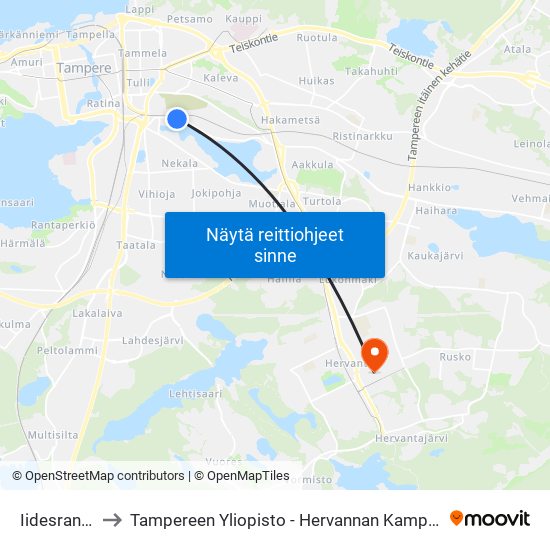 Iidesranta to Tampereen Yliopisto - Hervannan Kampus map
