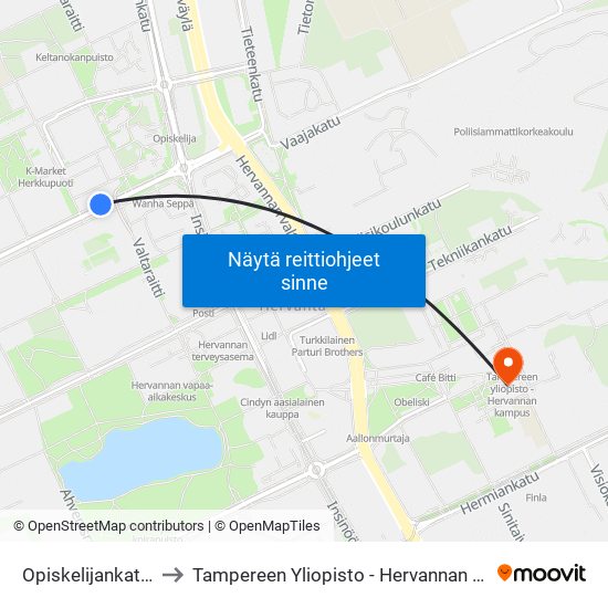 Opiskelijankatu 10 to Tampereen Yliopisto - Hervannan Kampus map