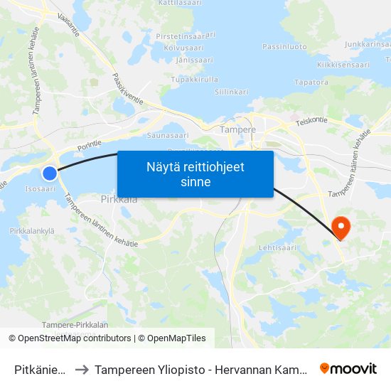 Pitkäniemi to Tampereen Yliopisto - Hervannan Kampus map