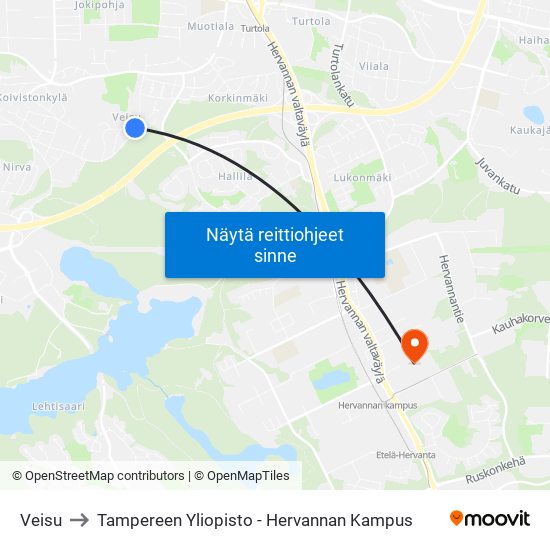 Veisu to Tampereen Yliopisto - Hervannan Kampus map