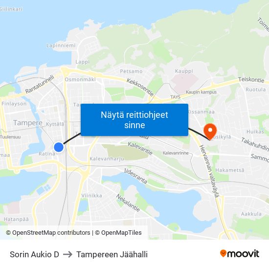 Sorin Aukio D to Tampereen Jäähalli map