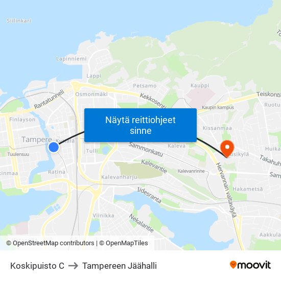 Koskipuisto C to Tampereen Jäähalli map