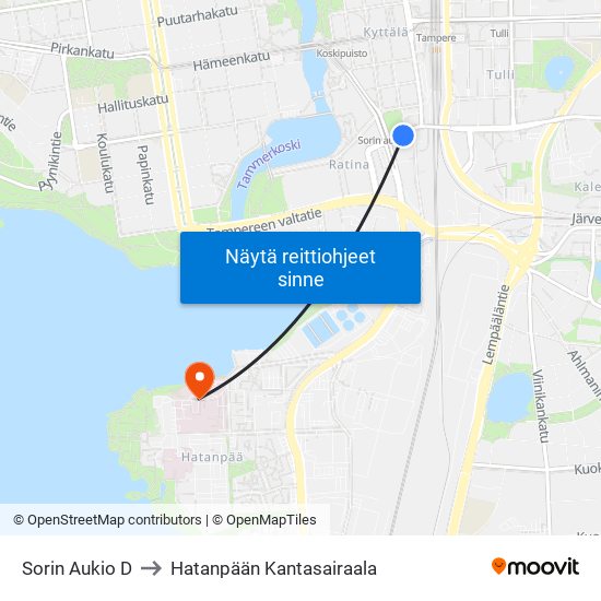 Sorin Aukio D to Hatanpään Kantasairaala map
