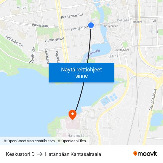Keskustori D to Hatanpään Kantasairaala map