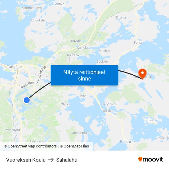 Vuoreksen Koulu to Sahalahti map