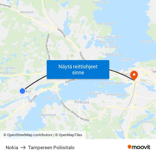 Nokia to Tampereen Poliisitalo map