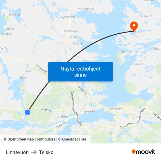 Linnavuori to Teisko map