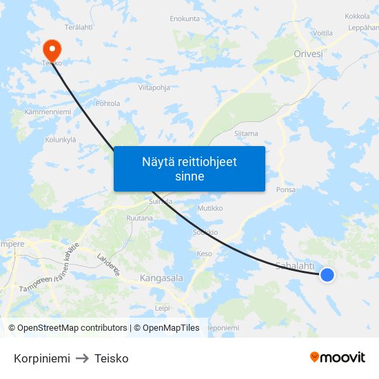 Korpiniemi to Teisko map