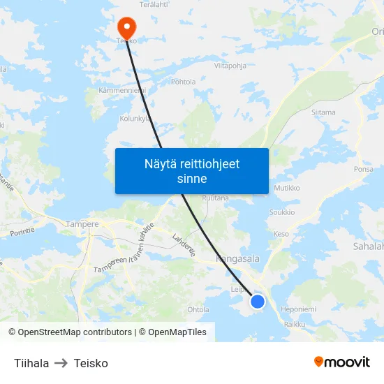 Tiihala to Teisko map