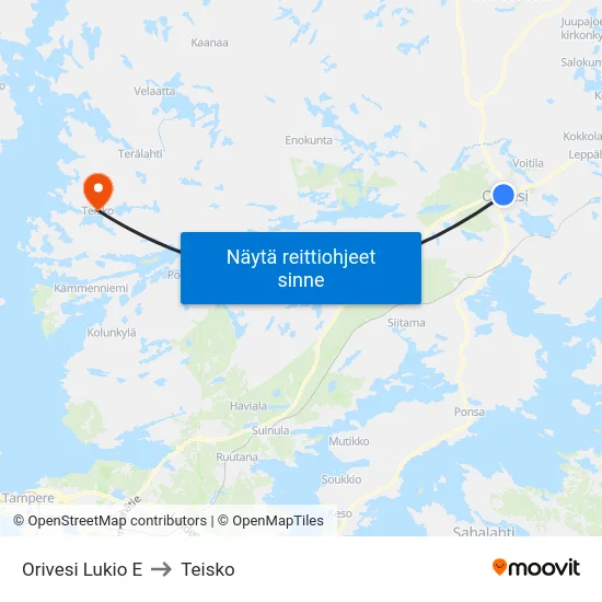 Orivesi Lukio E to Teisko map