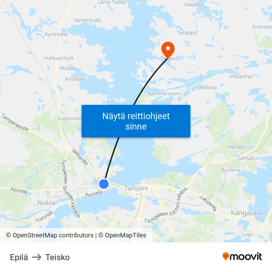 Epilä to Teisko map