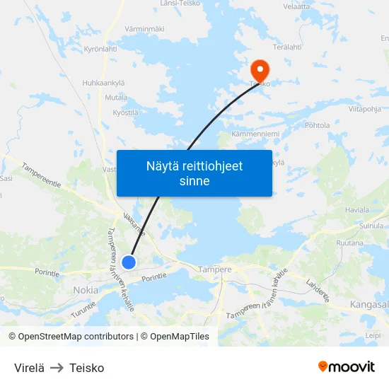Virelä to Teisko map