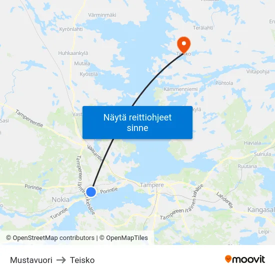 Mustavuori to Teisko map