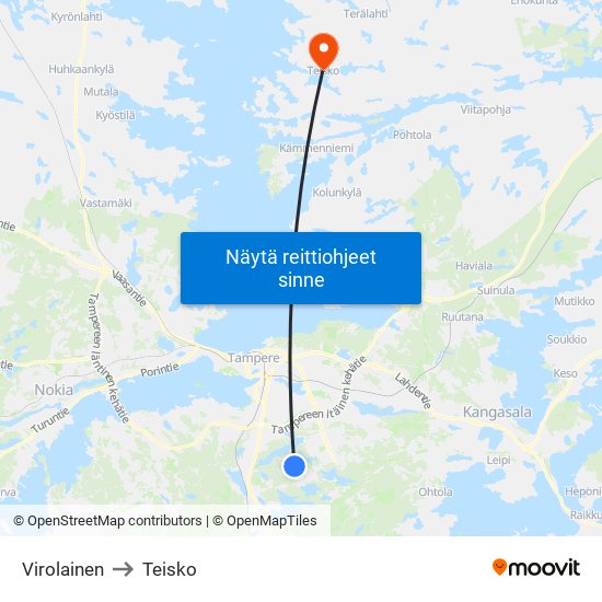 Virolainen to Teisko map