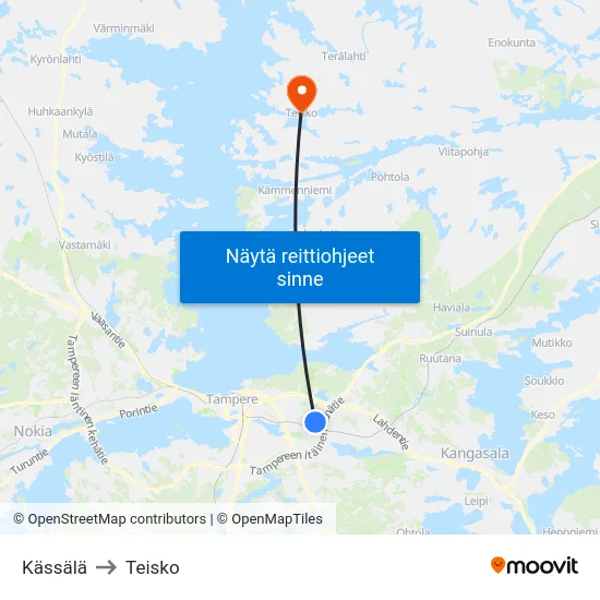 Kässälä to Teisko map