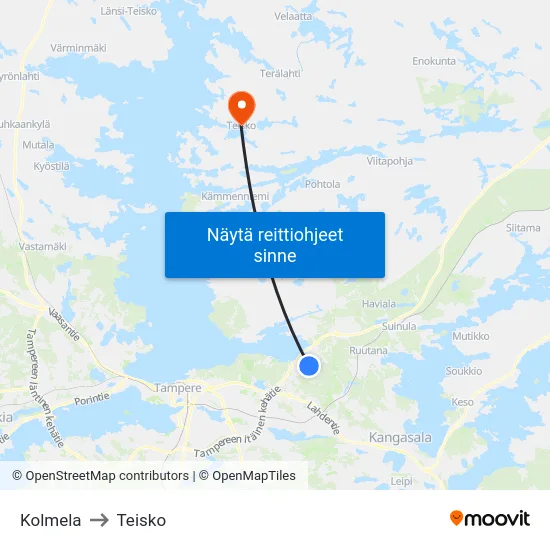 Kolmela to Teisko map