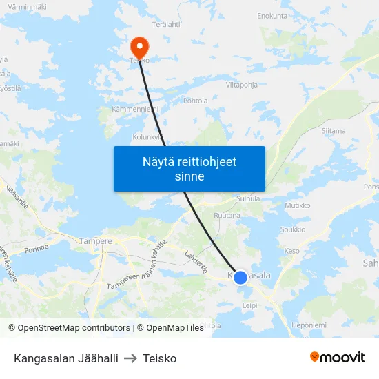 Kangasalan Jäähalli to Teisko map