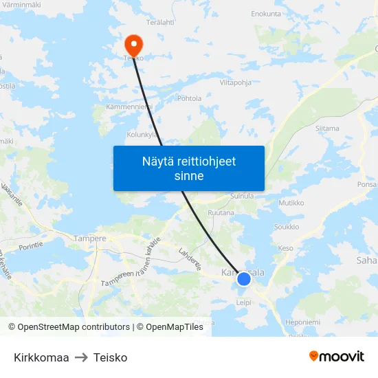 Kirkkomaa to Teisko map