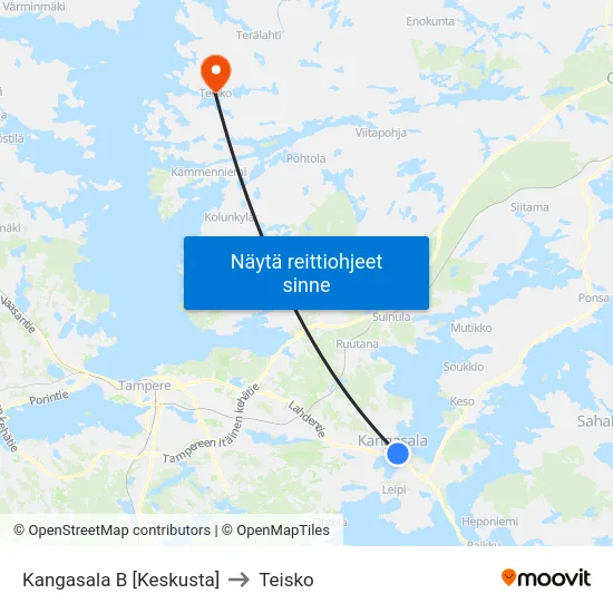 Kangasala B [Keskusta] to Teisko map