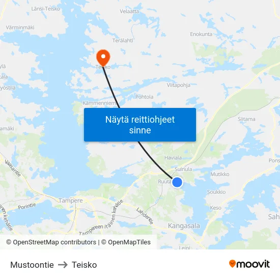 Mustoontie to Teisko map
