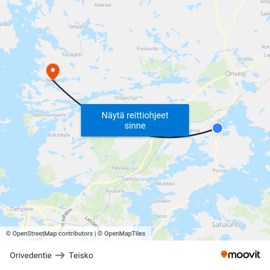 Orivedentie to Teisko map
