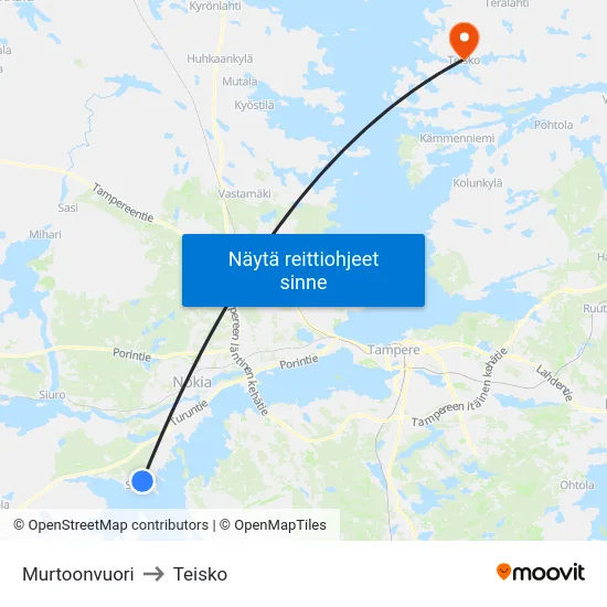 Murtoonvuori to Teisko map
