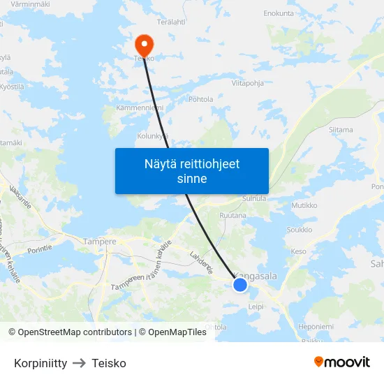 Korpiniitty to Teisko map