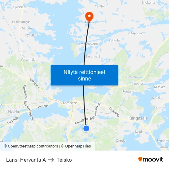 Länsi-Hervanta A to Teisko map