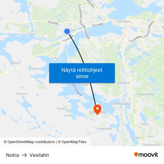 Nokia to Vesilahti map