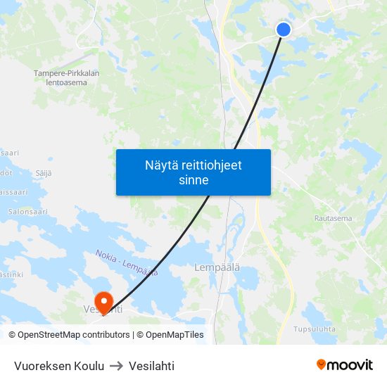 Vuoreksen Koulu to Vesilahti map