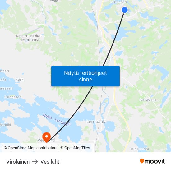 Virolainen to Vesilahti map