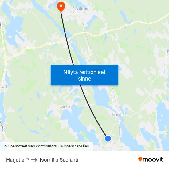 Harjutie P to Isomäki Suolahti map