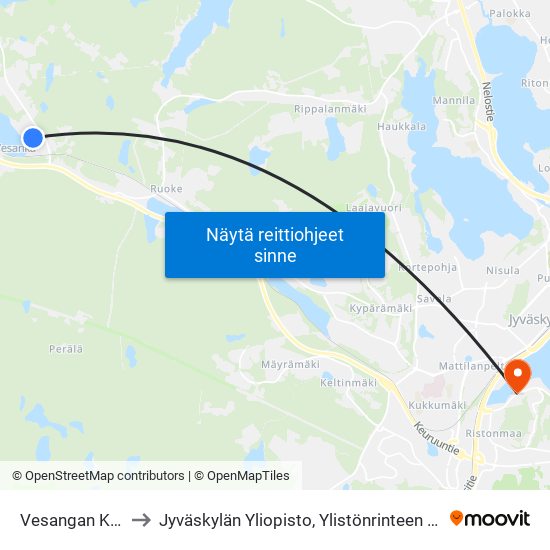 Vesangan Koulu to Jyväskylän Yliopisto, Ylistönrinteen Kampus map