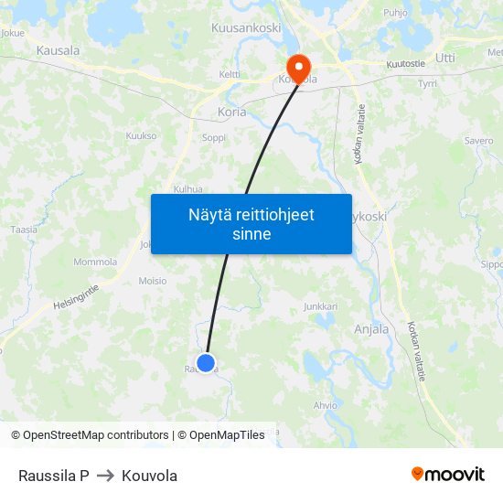 Raussila P to Kouvola map
