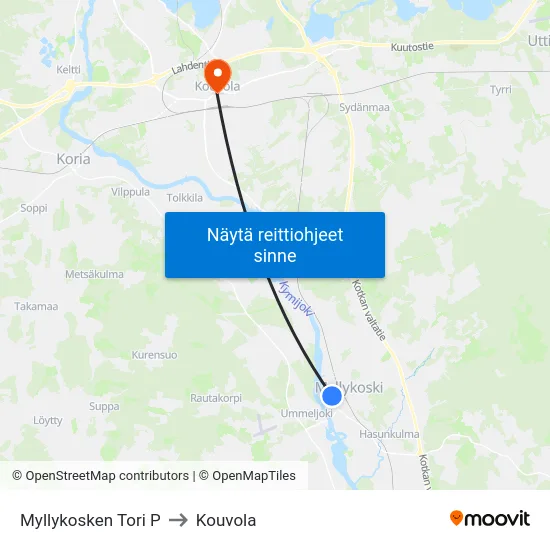 Myllykosken Tori P to Kouvola map