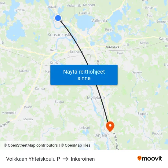 Voikkaan Yhteiskoulu P to Inkeroinen map