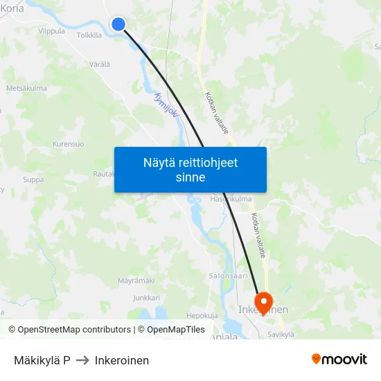 Mäkikylä P to Inkeroinen map