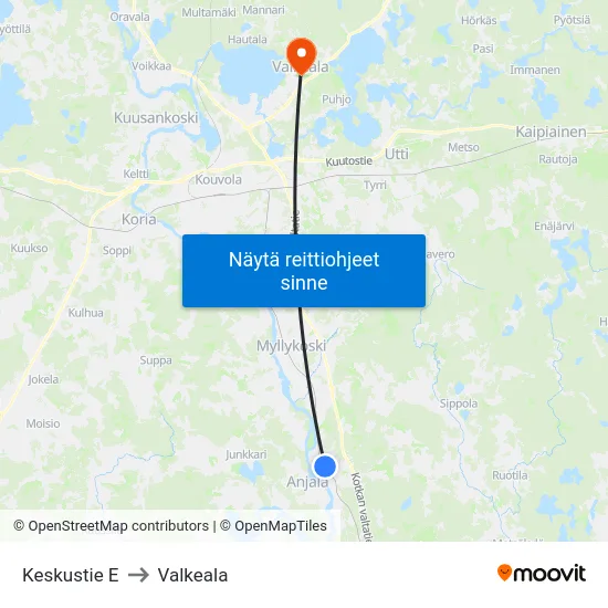 Keskustie E to Valkeala map