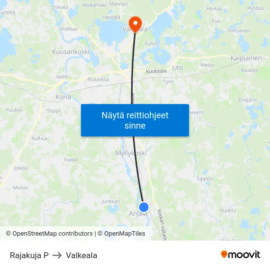 Rajakuja P to Valkeala map