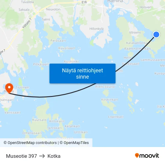 Museotie 397 to Kotka map