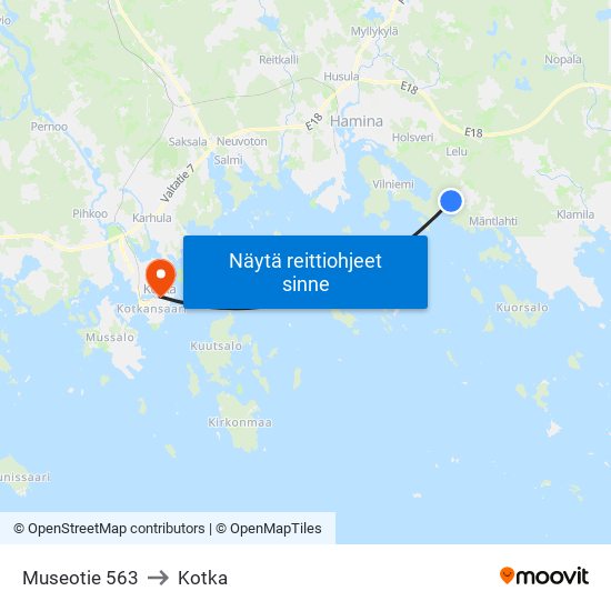 Museotie 563 to Kotka map