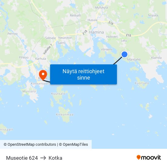 Museotie 624 to Kotka map