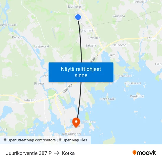 Juurikorventie 387 P to Kotka map